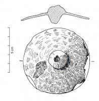 PHH-3003 - Phalère à bélièreferTPQ : -225 - TAQ : -30Phalère en fer, discoïdale et légèrement incurvée, bouton central et bélière sur la face interne. 