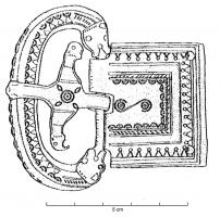 PLB-4062 - Plaque-boucle articulée à extrémités zoomorphesbronzeTPQ : 375 - TAQ : 425Plaque-boucle à boucle aplatie, la barre d'articulation encadrée de têtes animales affrontées ; ardillon simple ou 