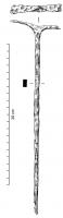 PSC-4002 - Clou de placage (chauffage)ferClou ou piton de fixation de placage, tête en T à branches symétriques. Selon le soin apporté à la forge, la tête peut être en Y plus ou moins aplati ou en T. ll peut mesurer entre 210 et 280 mm de long. La section des tiges varie de 10 à 16 mm.