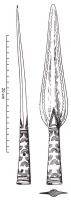 PTL-1007 - Pointe de lance à douille: type à décor d'arceauxbronzeGrande pointe de lance (longueur totale comprise entre 20 et 37 cm), décorée de motifs gravés principalement en demi-cercles concentriques. les ailerons portent également un décor incisé.