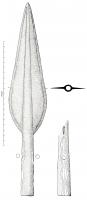 PTL-1010 - Pointe de lance à douille longuebronzeGrande pointe de lance (longueur totale comprise entre 20 et 37 cm), à douille longue ; larges ailerons, souvent à bords écrouis par martelage et pointe renforcée par une arête médiane de section semi-circulaire ; filets incisés sur la lame ou douille décorée de lignes droites et ondées autour des perforations, de lignes parallèles, etc..