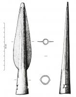 PTL-1037 - Pointe de lance à douille de section polygonalebronzePointe de lance de taille moyenne, à douille commune de section circulaire ou subcirculaire dans sa partie libre et polygonale dans la partie comprise entre les ailerons.