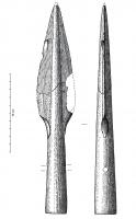 PTL-1049 - Pointe de lance à œillets basaux simulésbronzePointe de lance à lame foliacée biconvexe; la base des ailerons présente des moulures en saillie évoquant des œillets.