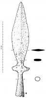 PTL-7003 - Pointe de lance à ailettes courtesferTPQ : 1250 - TAQ : 1300Pointe de lance  à lame fusiforme large et courte, de section losangique (épieu de chasse), munie à sa base de deux ailettes courtes ; douille conique.
 