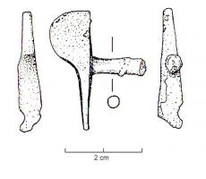 PTS-4001 - Verrou cache-serrurebronzeTPQ : -10 - TAQ : 50Verrou de boîte, monté sur une tige perpendiculaire servant également d'axe de rotation, avec souvent une plaque de tôle  pour faciliter le glissement, voire le blocage du dispositif ; le bouton est en forme de tête d'anatidé stylisée (et parfois très stylisée).