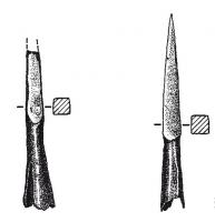 PTT-4002 - Pointe de trait : carreau d'arbalèteferTPQ : 200 - TAQ : 400Armature de trait d'arbalète à pointe de section carrée s'amincissant régulièrement depuis la douille conique jusqu'à la pointe.