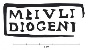 SIG-4065 - Empreinte antique de signaculum métallique sur couvercle d'amphore : M IVLI DIOGENIterre cuiteEmpreinte antique de signaculum métallique sur couvercle d'amphore : dans un cadre, M (hedera) IVLI / DIOGENI