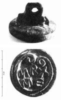 SIG-4083 - Signaculum circulairebronzeCachet circulaire, généralement équipé d'une forte bélière de préhension perforée au revers, avec des caractères rétrogrades ou non, parfois entourés d'un cadre ou filet en relief.