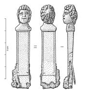 SPC-4022 - Spatule à cire : hommebronze, ferManche en forme de buste d'homme, aux traits grossiers et nez épaté et portant une coiffure de boucles dégagant le front et courant les oreilles. Base plate et ornée de moulures transversales, fendue dans l'épaisseur et coulée sur la lame de fer.