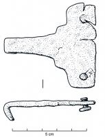 AGC-3009 - Agrafe de ceinturebronzeTPQ : -475 - TAQ : -350Agrafe de ceinture constituée de deux parties perpendiculaires : un rectangle transversal, percé de deux ou trois trous pour fixation sur la ceinture, et un crochet effilé. La transition peut éventuellement être marquée de gradins.