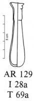 BLS-4101 - Balsamaire AR 129verreTPQ : 15 - TAQ : 230Balsamaire en forme de goutte : panse ovoïde allongée, à fond arrondi ; col cylindrique, séparé de la panse par un sillon, ouvert sur une lèvre adoucie au feu.
