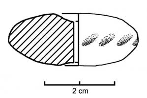 FUS-1031 - Fusaïole à profil ovaleterre cuiteTPQ : -900 - TAQ : -700Fusaïole à profil ovale, symétrique, faces supérieure et inférieure concaves, ornée d'impressions.