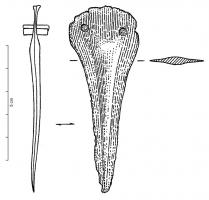 PGD-1032 - Poignard à languette débordantebronzeTPQ : -1400 - TAQ : -1000Poignard de petite taille, à lame effilée et à large languette débordante, arrondie, percée de 2 ou 4 trous de rivet.