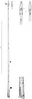 PLM-5001 - Pilum (angon)ferTPQ : 470 - TAQ : 570Arme de jet constituée d'une pointe ogivale de section losangique, munie de deux barbelures et à décor poinçonné ; longue tige octogonale vers la douille cannelée qui est ouverte et terminée par un anneau fermé.