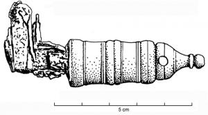 CLE-4040 - Clé à translationbronze, ferClé à manche coulé, de forme cylindrique et orné de moulures transversales, terminé par un bouton mouluré de forme conique.