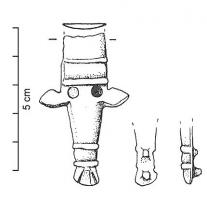 FMC-4021 - Moraillon de coffret à protubérances latéralesbronzeMoraillon dont la tête rectangulaire, équipée d'une charnière et d'un crampon, se prolonge par un corps effilé, percé de deux orifices et équipé de protubérances latérales. L'extrémité comporte un bouton mouluré.
