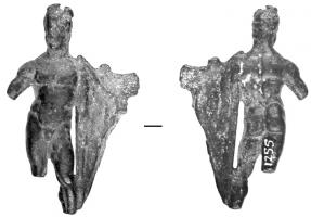 STE-4009 - Statuette : Hermès - Mercure à la chlamyde pendantebronzeStatuette en bronze représentant Hermès - Mercure, nu, sans pétase (ailerons sur la tête et parfois aux chevilles), chlamyde pendante sur le bras gauche.