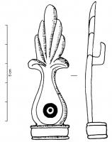 AGC-3027 - Agrafe de ceinture à palmette, type Vinji VrhbronzeAgrafe plate en forme de palmette, souvent accostée de deux crosses, à corps plein éventuellement marqué d'un cercle oculé ; au revers, crochet de fixation replié vers la pointe externe, et à la base un passant large de profil rectangulaire.