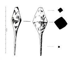 ALN-4003 - AlèneferTPQ : 1 - TAQ : 400Alène dont la tête est en forme de double pyramides inversés et se prolonge par une longue tige effilée de section circulaire.