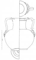 AMF-4007 - AmphorebronzeRécipient de forme haute, à panse sphérique, posé sur une base ornée de cercles concentriques, col cylindrique et trapu, avec deux anses identiques fixées par brasure sur la lèvre et au sommet de la panse.
