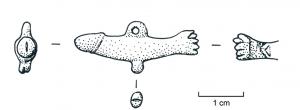 AMP-4004 - Amulette phalliquebronzeAmulette phallique de petite taille mais regroupant néanmoins un phallus d'un côté, avec les bourses par-dessous ; et une main très schématisée de l'autre, les doigts formant le geste de la figue ; anneau de suspension percé d'un petit trou.