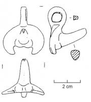 AMP-4016 - Amulette phallique de type ArrasbronzeAmulette constituée d'un phallus se détachant d'une pelte ; au sommet, anneau de suspension perpendiculaire coulé.