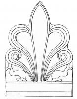 ANT-4021 - Antéfixe : palmetteterre cuiteAntéfixe en forme de palmette à 5 branches, dans les angles inférieurs, deux dauphins affrontés (parfois, arcades dans un registre inférieur).