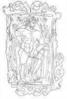 APH-4084 - Applique de harnaisbronzeApplique quadrangulaire, plate, dont la bordure délimitant un champ orné (souvent avec des zones incrustées d'argent) se compose de festons découpés (alternativement arrondis et anguleux) et ajourés de triangles et lunules (ou demi-cercles). La fixation est assurée par deux pointes matées au revers.