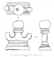 APJ-4030 - Applique de jougbronze, ferApplique constituée d'un robuste bouton mouluré, encadré de deux protubérances arquées, le tout sur une base rectangulaire moulurée.