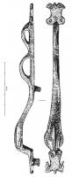 BAF-4003 - Barrette de suspension de fourreau de spathabronzeBarrette de suspension d'épée, en fonrme de dauphin au corps formant une double onduation : le museau est prolongé par une applique en double tête zoomorphe et la queue porte un motif similaire; deux rivets assurent la fixation sur le fourreau en bois.