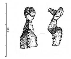 BAF-4004 - Barrette de suspension de fourreau de spathabronzeBarrette de suspension d'épée, en forme de dauphin de variété inconnue (v. les autres fiches); deux rivets assurent la fixation sur le fourreau en bois.