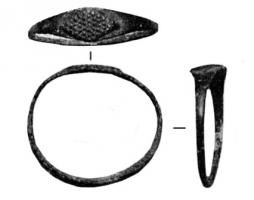 BAG-4182 - Bague à losange de ponctuationsbronzeTPQ : 1 - TAQ : 100Jonc fin, chaton foliacé, simplement élargi par martelage, portant un décor de granulations disposées en losange.