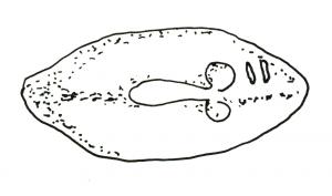 BAL-3005 - Balle de fronde : phallus IIplombBalle de fronde coulée dans un moule : en relief, phallus et chiffre : II.