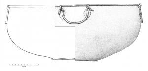 BAS-4042 - BassinbronzeBassin à panse basse légèrement renflée, bord déversé, fond plat posé sur un support annulaire. Sous la lèvre, deux paires d'attaches foliacées fixées par brasure permettent l'articulation d'anses de suspension.
