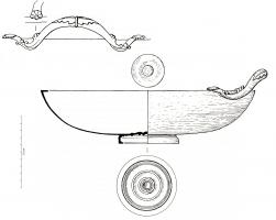 BAS-4054 - Bassin de type PedemontebronzeBassin à profil arrondi et surbaissé, fond annulaire creusé de nombreuses moulures concentriques en-dessous. Lèvre rentrante formant un angle droit et un bord horizontal; anses végétalisées accrochées au bord et fixées par brasure sur le bord et au sommet de la panse.