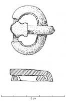 BCC-5004 - Boucle massive à ardillon scutiformebronzeBoucle massive, sans plaque associée, réniforme; l'ardillon entièrement en bronze, scutiforme, s'accroche à la barre transversale de la boucle. Certains objets ne sont pas de section massive, mais apparaissent 