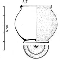 BLS-4015 - Balsamaire Boesterd 308-309bronzeBalsamaire globulaire, panse plus ou moins sphérique, sur un fond annulaire oblique marqué de cercles concentriques ; bord épaissi à rainure pour l'insertion d'un couvercle à verrouillage ; anse mobile sur deux attaches en forme de feuille, fixées sous le bord par brasure.