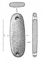 BRA-0002 - Brassard d'archerpierreTPQ : -2300 - TAQ : -1900Plaquette ovalaire, percée aux extrémités de deux trous pour la fixation.