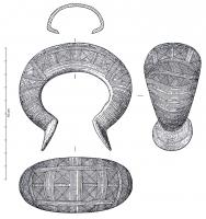 BRC-1154 - Bracelet à tige creuse : type Saint-GenouphbronzeBracelet creux, globuleux, à section en C légèrement refermée, à oreillettes bien développées. Le décor, incisé, généralement centré sur un panneau, ne comporte pas de cannelures.
