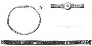 BRC-3520 - Bracelet à cabochon de type Münsingenbronze, verreBracelet constitué d'un jonc rubanné, au contour découpé et/ou orné de motifs végétaux ciselés; le jonc est interrompu par un cabochon de verre opaque rouge circulaire, riveté, tandis que la fermeture du bracelet est assurée par un autre rivet placé à côté du cabochon.