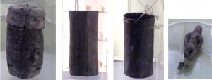 BTE-4020 - Contenant magiqueplombBoîte cylindrique à couvercle conique débordant, parfois ploqué par un bourrelet sur le sommet du corps ; présence fréquente de dessins et inscriptions magiques sur la panse.
