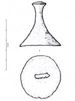 BTN-2023 - Bouton à bélière de type ValderourebronzeTPQ : -800 - TAQ : -600Bouton conique à haute pointe (plus haute que le cône), terminée par un renflement ; profil nettement concave ; intérieur creux avec une bélière transversale coulée.