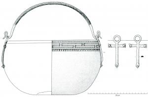CHD-1001 - Chaudron à attaches d'anses cruciformesbronzeTPQ : -950 - TAQ : -850Chaudron à cuve hémisphérique martelée, panse tendue et bord légèrement refermé, avec souvent un décor incisé sous la lèvre ; attaches d'anses rivetées cruciformes (deux paires opposées) pour une paire d'anses mobiles.