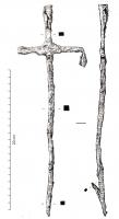 CHL-4008 - Porte-chandelleferTige allongée et terminée par une pointe, permettant de la fixer entre deux pierres ou de la suspendre à une poutre; elle se prolonge du côté opposé par une douille destinée à recevoir une chandelle; lbras trasversal pour fixer une autre chandelle quand l'ustensile est suspendu.