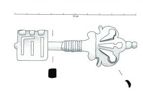 CME-4009 - Clé à rotationbronze, ferClé à manche au motif foliacé et panneton à deux volets perpendiculaires et garnitures complexes.