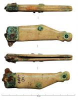 CNF-4044 - Canif en forme de fourreaufer, osCanif à manche taillé dans un os, de forme allongée avec une pointe à l'extrémité recevant la lame de fer repliée (variantes symétriques et asymétriques); parfois virole et rivets en alliage cuivreux. Objets sans doute en forme de fourreau (couteaux ou poignards).