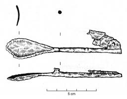 CNF-4058 - Ustensile pliant mutifonctionnelbronze, ferUstensile pliant à double (ou triple) usage : cochlear à cuilleron en forme de goutte, et lame (?) pliante, articulée à l'extrémité du manche.