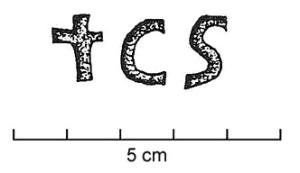 COV-4092 - Tuile estampillée TICSterre cuiteTPQ : 1 - TAQ : 100Tuile estampillée en creux †CS, pour Ti[berius] C(---) S(---).