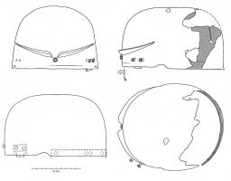 CSQ-3006 - Casque de type PortferCasque martelé et composite : timbre en calotte, base rectiligne avec parfois l'amorce d'une découpe pour l'oreille, et avec renforts frontaux en accolades ; couvre-nuque riveté; parfois orné de clous décoratifs émaillés.