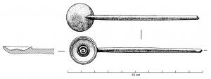 CUI-4019 - CochlearosTPQ : -30 - TAQ : 100Cochlear à cuilleron circulaire tourné, peu profond, prolongé par un manche de section ronde ; décor de cercles en relief à l'intérieur du cuilleron (ombilic mouluré, réservé au tournage).